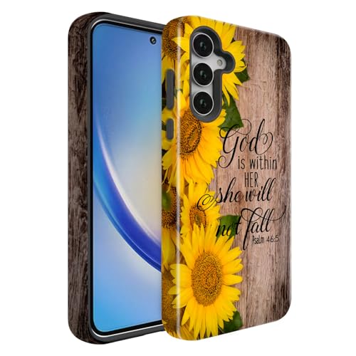 BSMOSPER Compatible for Samsung Galaxy A27 5G Case, Dual Layer Heavy Duty 2 in 1 Shockproof Protective Phone Case,Bible Verses Psalm 46:5 Wood and Sunflower