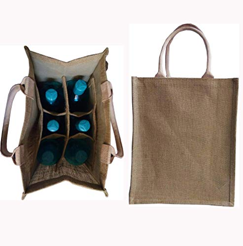 Kvr Natural Jute Burlap Wine Beer Water Bottle Cum Can Carrier Bag With Option To Use As Grocery & Lunch Bag, Eco Environment Friendly Versatile Flexible (6 Bottle Bag, Natural) #TOP4