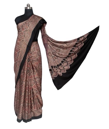 Image of Ethnics of Kutch Womenss Ajrakh Modal Silk Natural Dye Hand Block Print Saree with Blouse Piece - 5.5 Mtr Length
