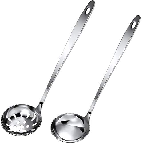 2 Pieces Slotted Spoon and Soup Ladle Set Stainless Steel Thickening Long Handle Soup Spoon Cooking Skimmer Kitchen Cooking Utensils for Hotpot Scooping Sauce Serving 11 Inch Long