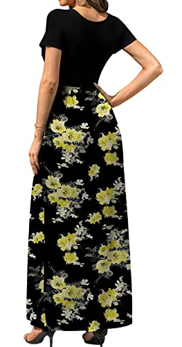 Image of DB MOON Womens Casual Maxi Dresses Short Sleeve Empire Waist Long Dress for Beach with Pockets(Yellow Floral Black, L)