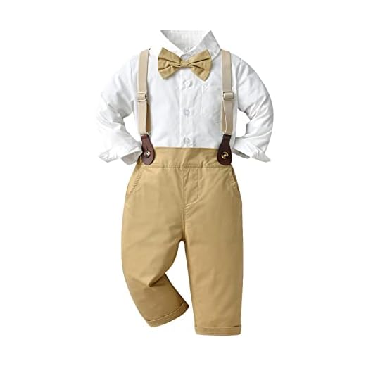 Roupas de batizado para meninos de manga comprida lisa camiseta com suspensórios calças roupas infantis (Cáqui, 6 a 12 meses)