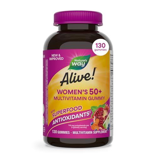 Nature’s Way Alive! Women’s 50 Plus Multivitamin Gummy, Daily Chewable Multivitamins with B-Vitamins, Vitamin D3, Calcium, Supports Heart, Brain & Bone Health,* Mixed Berry Flavored, 130 Count