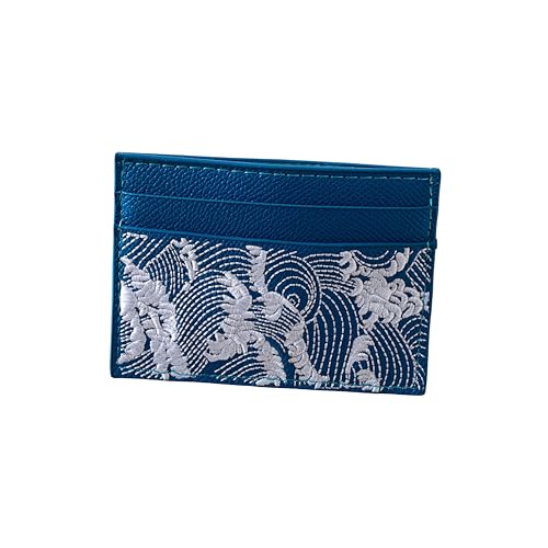 Slim Leather Card Holder with Wave Design, RFID Blocking, Blue and White, 2.76