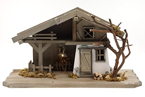 ELLUG Holz Krippenstall, Holzkrippe, Weihnachtskrippe mit Licht 38 * 18 * 21cm (OHNE Krippenfiguren) Krippenstall aus Holz mit Beleuchtung für Figuren bis 10cm Höhe Cover