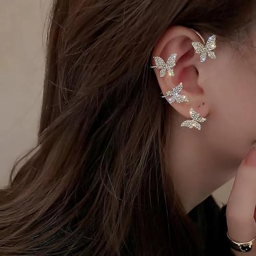 2Pcs Butterfly Earrings For Women No Piercing Butterfly Flower Climber Wrap Earrings Fairy Tassel Zircon Butterfly Ear Clip Cuffs4