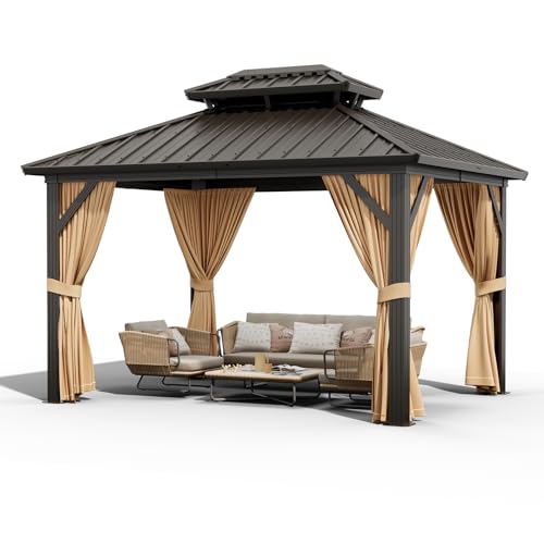 10x12ft Double Roof Hardtop Gazebo, Heavy Duty Galvanised Steel Hardtop Pavilion with Nettings and Curtains, Metal Roof Gazebo for Patio, Terrace, Lawn and Deck, Brown