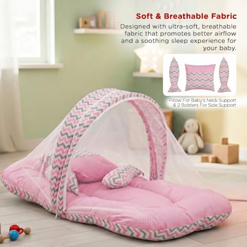 Image of BAYBEE Baby Bedding Set for New Born Baby, Bed Mattress with Mosquito Net & Neck Pillow, Sleeping Nest Travel, Infant Toddler Bed Set Gifts for Baby Boy Girl 0-6 Months (Pink)
