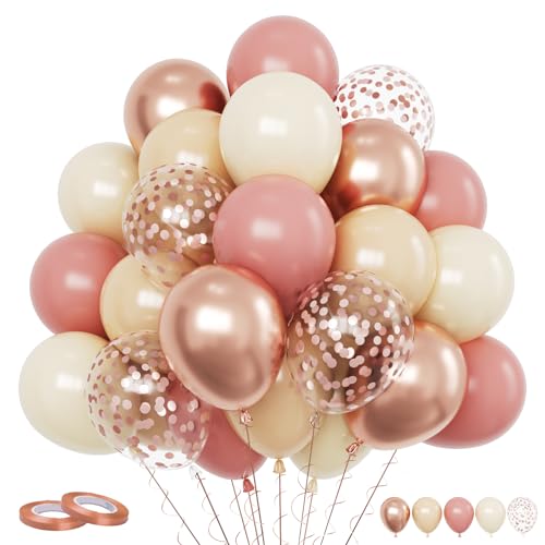 Image of Funhot Retro Blush Pink Balloons Set, 60PCS Dusty Pink Birthday Balloons, 12Inch Chrome Rose Gold Balloons Beige Nude Latex Balloon for Girls Birthday Bridal Baby Shower Wedding Boho Party Decoration