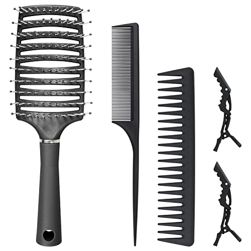 Cegsin Hair Brush, Wide-Tooth and Tail Comb Set, Curved Vented Brush for Curly, Stright, Women, Men, Kids, Toddlers, Wet and Dry Hair-Black