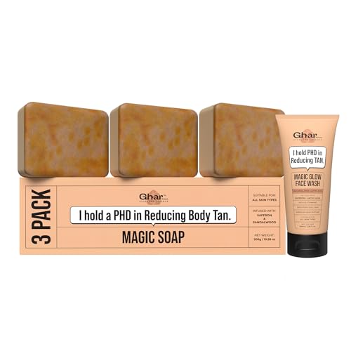 Image of Ghar Soaps Magic De-Tan Face Wash & Sandalwood Saffron Bath Soap Combo Pack of 3 | With Sandalwood, Saffron & Glutathione | Tan Removal, Skin Brightening & Glowing Skin | Handmade & Paraben-Free | For Men & Women