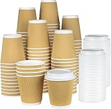 NYHI Set of 150 Brown Disposable Paper Cups with White Lids 6 oz Ripple Insulated Kraft for Hot Drinks Tea Coffee Triple Layer Design Recyclable Durable Paper