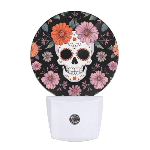 Image of EKOBLA Floral Skull Night Light, Skeleton and Flower Night Lights Plug Into Wall with Auto Sensor for Bedroom and Hallway