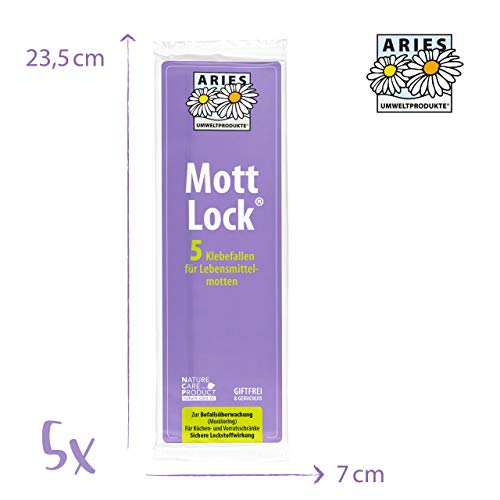 ARIES Anti Mott Falle - Mottenfalle für Lebensmittelmotten – nachhaltige, ungiftige Klebefallen mit Pheromon Lockstoff zur Befallsermittlung von Lebensmittel Motten – 5er Set