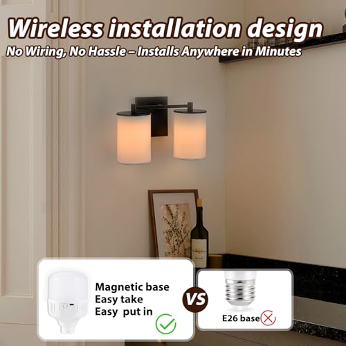 Image of Battery Operated Double Wall Sconce,Rechargeable Battery Powered Vanity Lights,Cordless No Wiring Dimmable Double Sconce with Remote Control for Bedroom Living Room