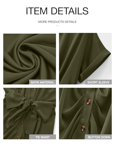 BTFBM Dresses for Women Summer Button Short Sleeve Silk Satin Ruched Spring Maxi Dress 2026 Cocktail Party Wedding(Army Green, Large) — view 6