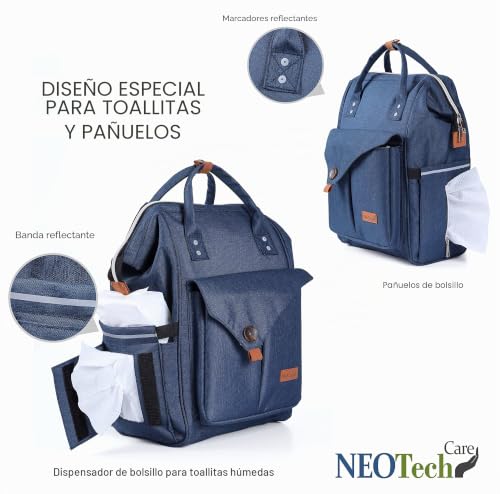 Miniatura 5 de Neotech Care Mochila Portapañales Para Bebé Niña Niño, Amplia Apertura, Bolsillos Organizadores Multifunción Azul