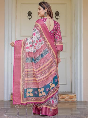 Image of ALMAARI FASHION Floral Printed Cotton Saree for Women with Handloom Zari Weave, Traditional Lightweight Ethnic Saree for Wedding Festive Office Party with Blouse Piece (LINEN 81-90 SH)