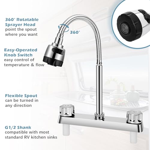 RV Kitchen Faucet, XFIRE-GEAR Camper Faucet Kitchen with Flexible Arc 360 Degree Rotatable Dual Function Sprayer, RV Sink Faucets for Motorhomes, Travel Trailers (8 Inches Apart) by XFIRE-GEAR - Image 4