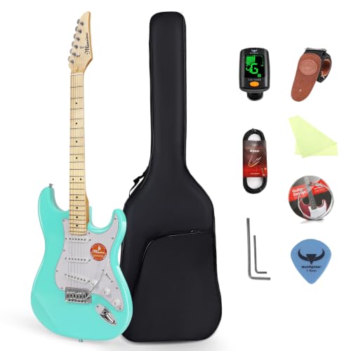 Bullfighter 39 In Electric guitar 4/4 Full Size, SSS Pickup, Guitar Electric ST for Beginners Starter Music Lover with 8 Accessories Guitar Bag, Strap, Picks, Tuner, Strings and Cable. MS-100 (Green)