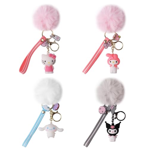 SAIDIC Cute Keychains Keychain Gift with Plush Ball Key Chain Accessories Wristlet Cartoon Keychain Ornament Accessory for womens Handbag Carkey(4pack)