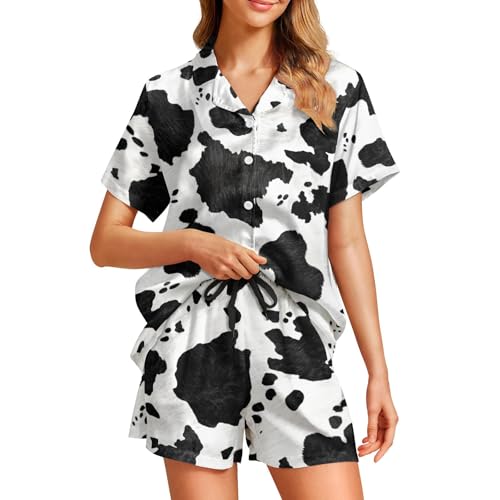 Image of Funny Pajamas for Women Set Print Satin Loungewear Pjs Short Sleeve Button Down Top and Shorts Sets Sleepwear XS-3XL