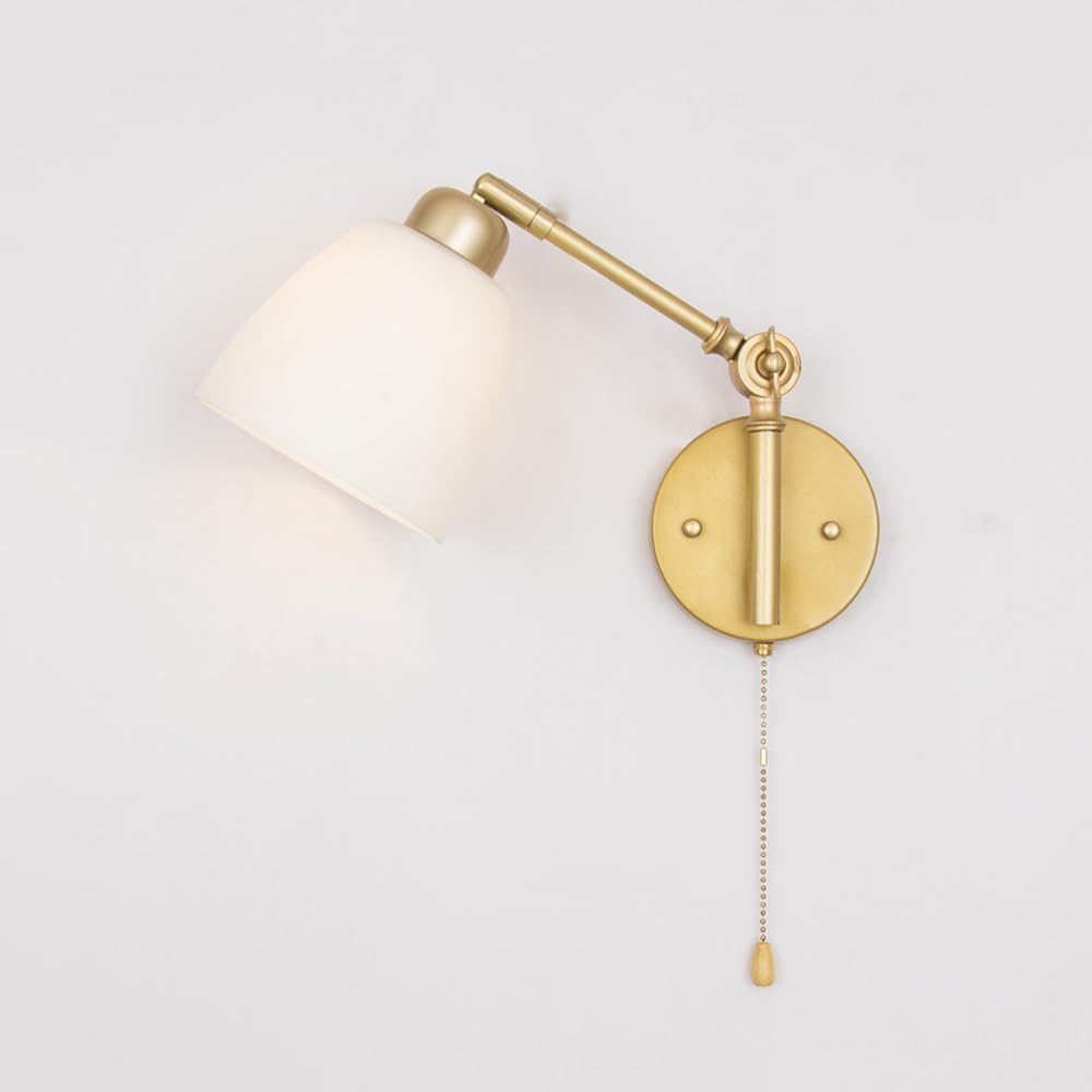 KBUUKYYXouy Wall sconces for Bedroom Swing Arm Modern Rotate Nordic Indoor Milk Glass Brushed Brass Wall Mounted Reading Lamp Hardwire Gold Wall Lighting for Living Room Be