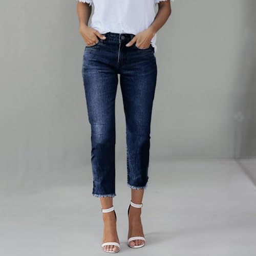 Women's High Waisted Denim Capris Stretchy Straight Leg Cropped Jeans with Raw Hem Casual Pants 5