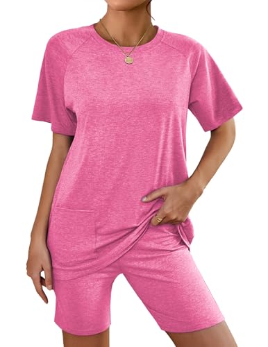 Image of Ekouaer Two Piece Sets for Women Summer Outfits 2026 Lounge Set Crew Neck Tshirts Biker Short Sweatsuit with Pocket