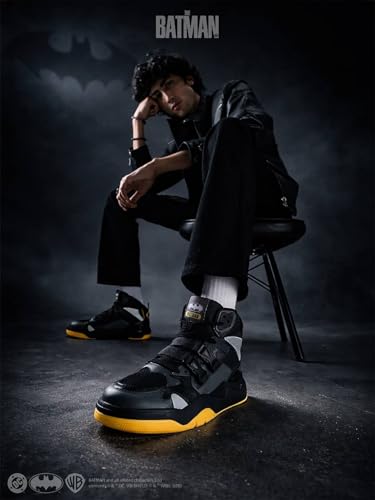 Image of Bacca Bucci Men's Batman-Inspired High-Top Sneakers | Chunky Streetwear Shoes with Mesh Panels, Buckle Strap Detail, Black Grey Yellow Colorway | Casual Statement Shoes