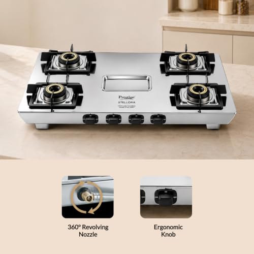 Image of Prestige Stellora Stainless Steel L.P. Gas Stove (With Stainless Steel Body and 4 Unit Brass Burners)