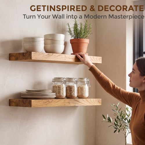 Image of Fun Memories 18 inch Wall Mounted Floating Shelves, Natural Elm Wood, 2 Pack
