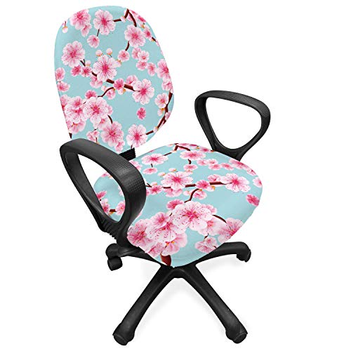 Ambesonne Cherry Blossom Office Chair Slipcover, Inspirational Seasonal Flower Garden Arrangement In Pastel Color, Protective Stretch Decorative Fabric Cover, Pale Blue Redwood Pink #TOP9