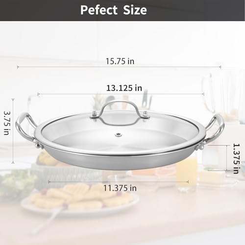 LOLYKITCH 13 Inch Tri-ply Stainless Steel Paella Pan with Lid,Griddle,Large Skillet,Omelet,Jumbo Cooker,Heavy Duty Dishwasher and Oven Safe. - Thumbnail 3
