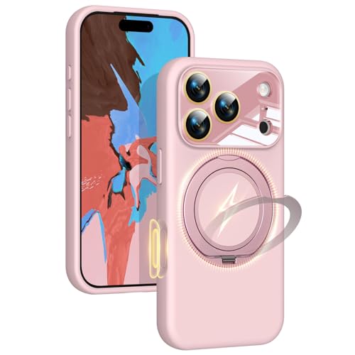 Image of Silicone 360 Spin Magnetic Stand Case for iPhone 17 Pro, [Compatible with Mag-Safe][Reinforced Hard Camera Protection] Liquid Silicone Rubber Phone Case Cover with Ring, Camera Button, Pink