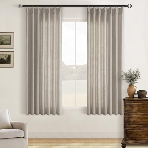Image of Burlywood Birch Pinch Pleated Linen Curtains 63 Inch Length 2 Panels Set | for Dining Living Room Bedroom Window, Memory Shape Trained, 400GSM Fabric, Semi Sheer, Pinch Pleat with Hooks Rings 40x63