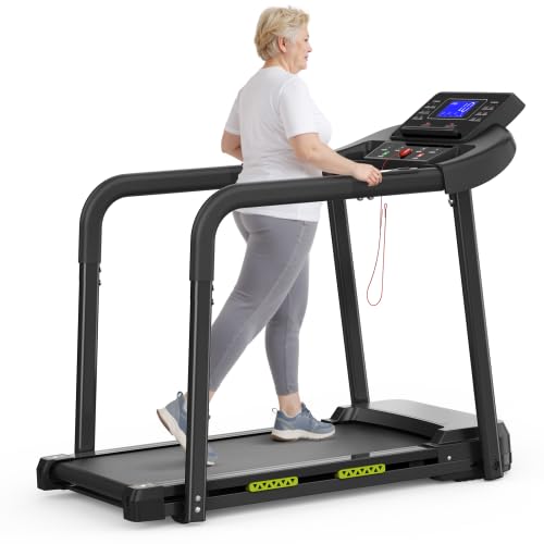 Walking Pad Laufband für Senioren mit Langen Handläufen, klappbar, 135 kg Belastbarkeit, großes LED-Display, extra breite Lauffläche, APP, Fitnessgerät für Zuhause