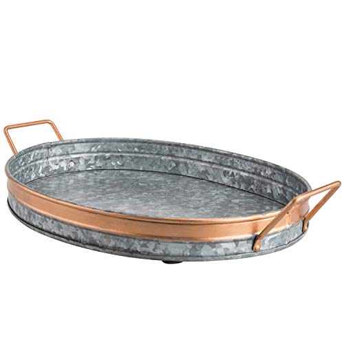 MyGift 16-Inch Rustic Silver Galvanized Metal Oval Serving Tray with Copper Tone Rim Handles