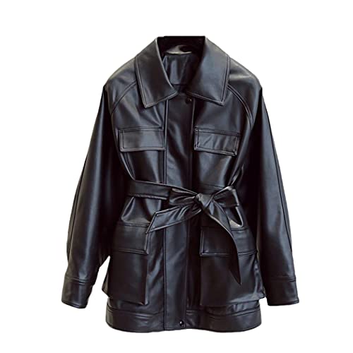 Manteau en similicuir femme vintage à ceinture ajustée et poches