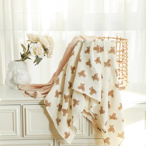 Image of insular Muslin Swaddle Blankets for Boys Girls, 2 Pack Receiving Baby Blanket Large 47 x 47 inches, Soft Breathable Swaddling Wrap for Unisex Newborn, Teddy Bear&Floral