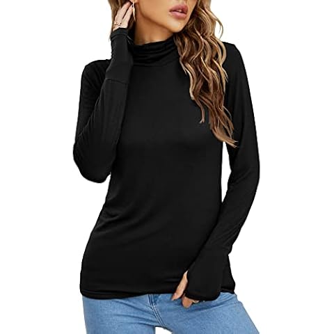 LUYAA 2023 Womens Basic Long Sleeves Warm Thermal Shirts Mock Turtleneck Tops Fitted Under Layer Black L Fall Spring Cover