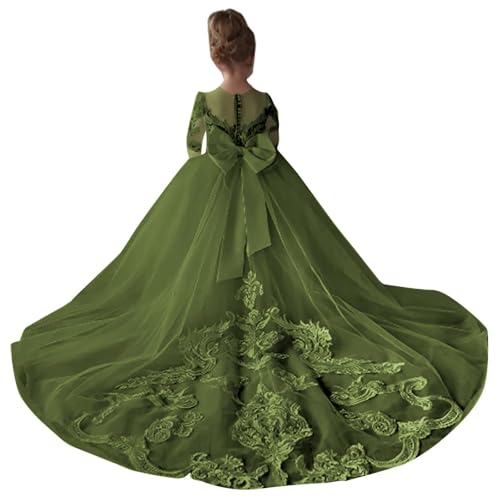 BOLENSYE Lace Long Sleeve Flower Girls Dress for Wedding Puffy Tulle Crew Neck Pageant Prom Ball Gown with Bow