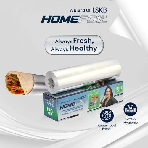 Image of HOMEFOIL 2-in-1 Paper & Silver Converted Aluminium Foil (1 KG Net) for Food Packing | Keeps Food Fresh | Ideal for Food Wrapping, Packing, Storing and Serving | 62.13 Meter Net Guaranteed Length