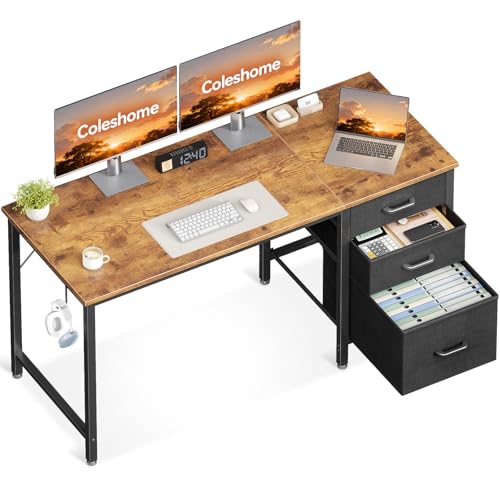 Coleshome Schreibtisch mit 3 Stoff Schubladen, 120x48cm Computertisch mit Kopfhörer Halter, Umkehrbare PC-Schreibtisch Bürotisch für kleines Heimbüro, Braun