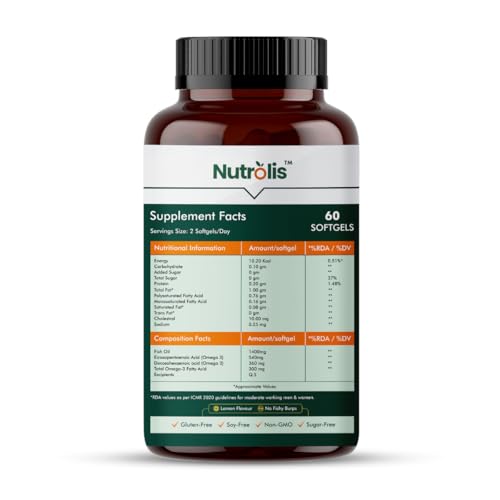 Image of Omega-3 Salmon Fish Oil Capsules 2500mg - Lemon Flavour Triple Strength Supplement for Heart, Brain, Joint Health, Cholesterol Management & Immune Support | 1080mg EPA and 720mg DHA | - 60 Softgels