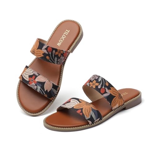 Image of Tilocow Women's Flat Sandals Two Strap Summer Dressy Studded Slide Sandals Open Toe Cute Casual Slip on Comfort Shoes for Beach Travel Daily Wear