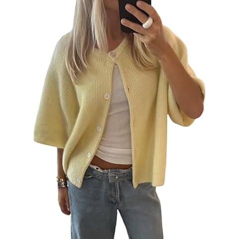 Women Y2k Crop Knit Cardigan T-Shirt Short Sleeve Button Down Casual Knitted Tees Y2k Girls Crop top Streewear (Yellow, S) Cover