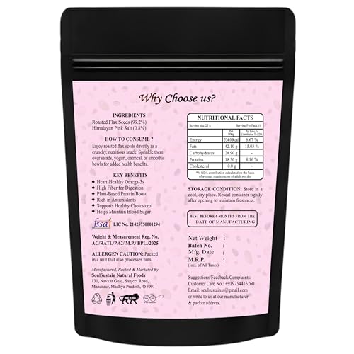 Image of SoulSustain Roasted Flax Seeds (100 GM) | Plant Protein & Fiber Snack | Omega 3 Nutrient Seeds | Gluten Free Vegan Snack for Smoothies, Baking, Salad Topping, Breakfast, Travel, Workout Energy