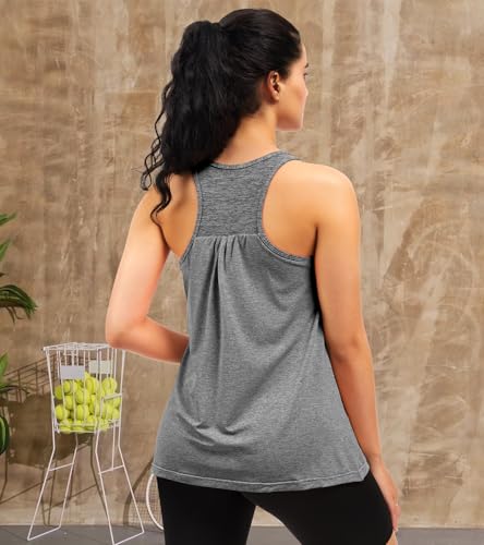 Women Racerback Built-in Bra Workout Tank Tops Round Neck Gym Shirts Grey - image 2