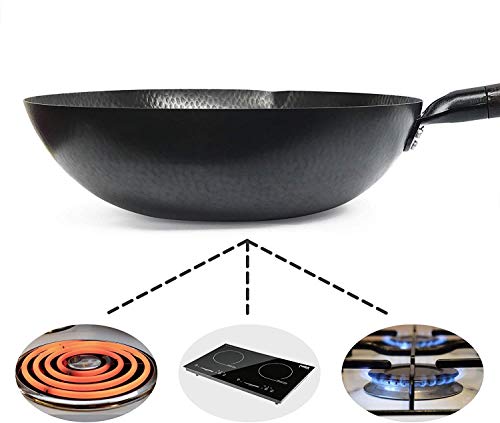 Craft Wok Traditional Hand Hammered Carbon Steel Pow Wok with Wooden and Steel Helper Handle (For Electric, Induction and Gas Stoves(12.5\"Flat Bottom Wok) - Thumbnail 2